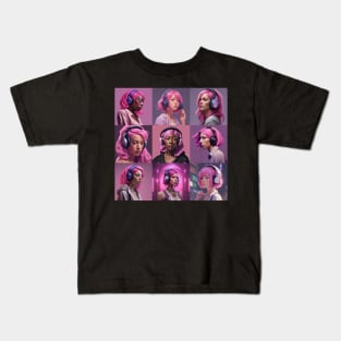 Pink haired ladies with purple headphones Kids T-Shirt